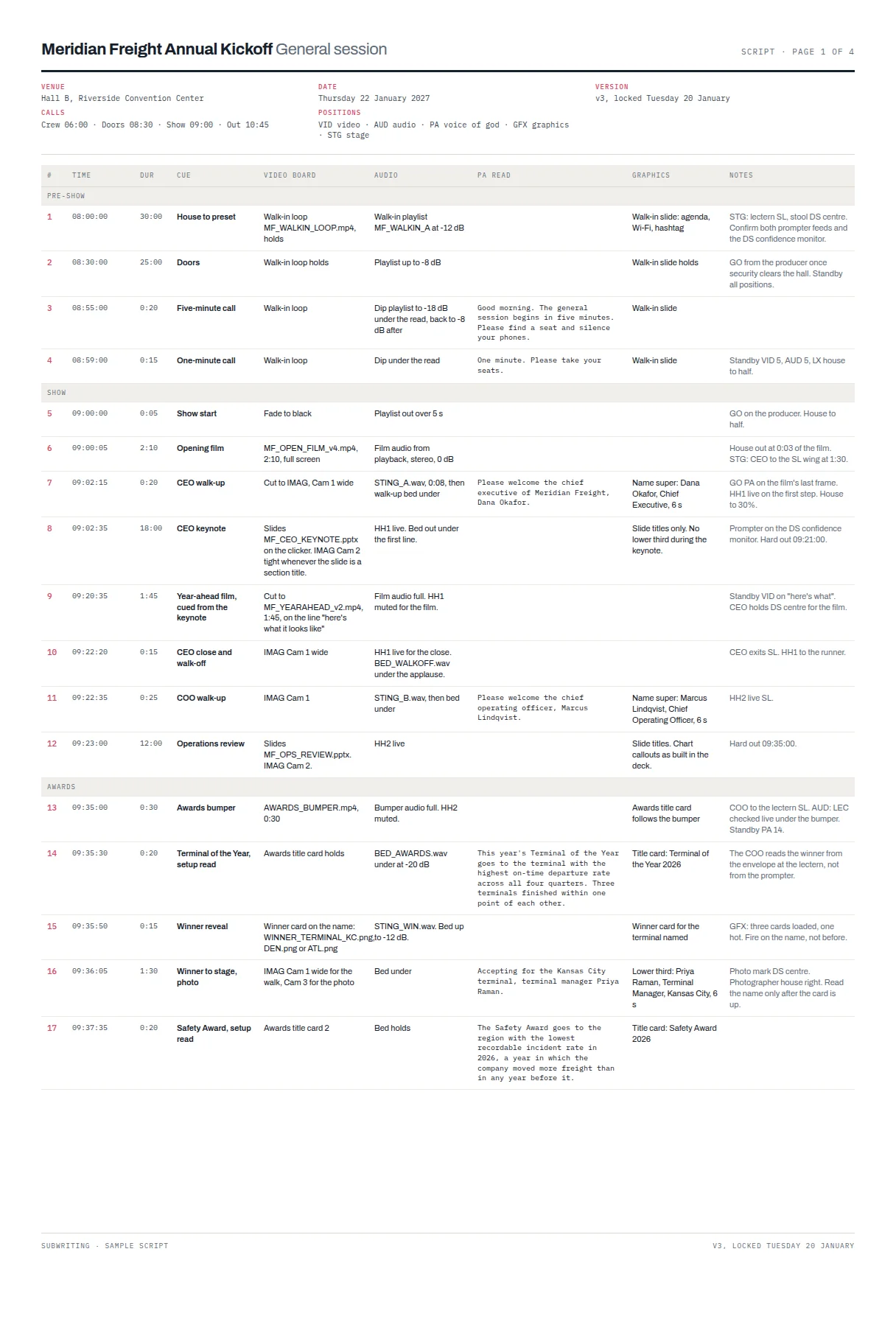 Page 1 of the general session script: pre-show and the opening