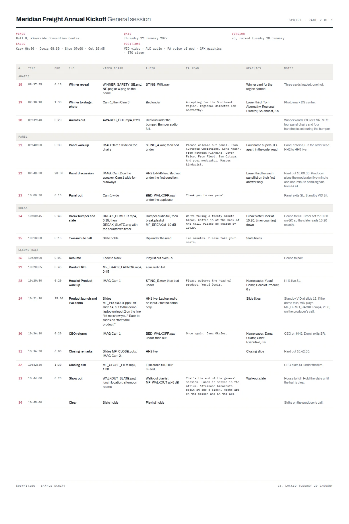Page 2 of the general session script: awards, panel and break